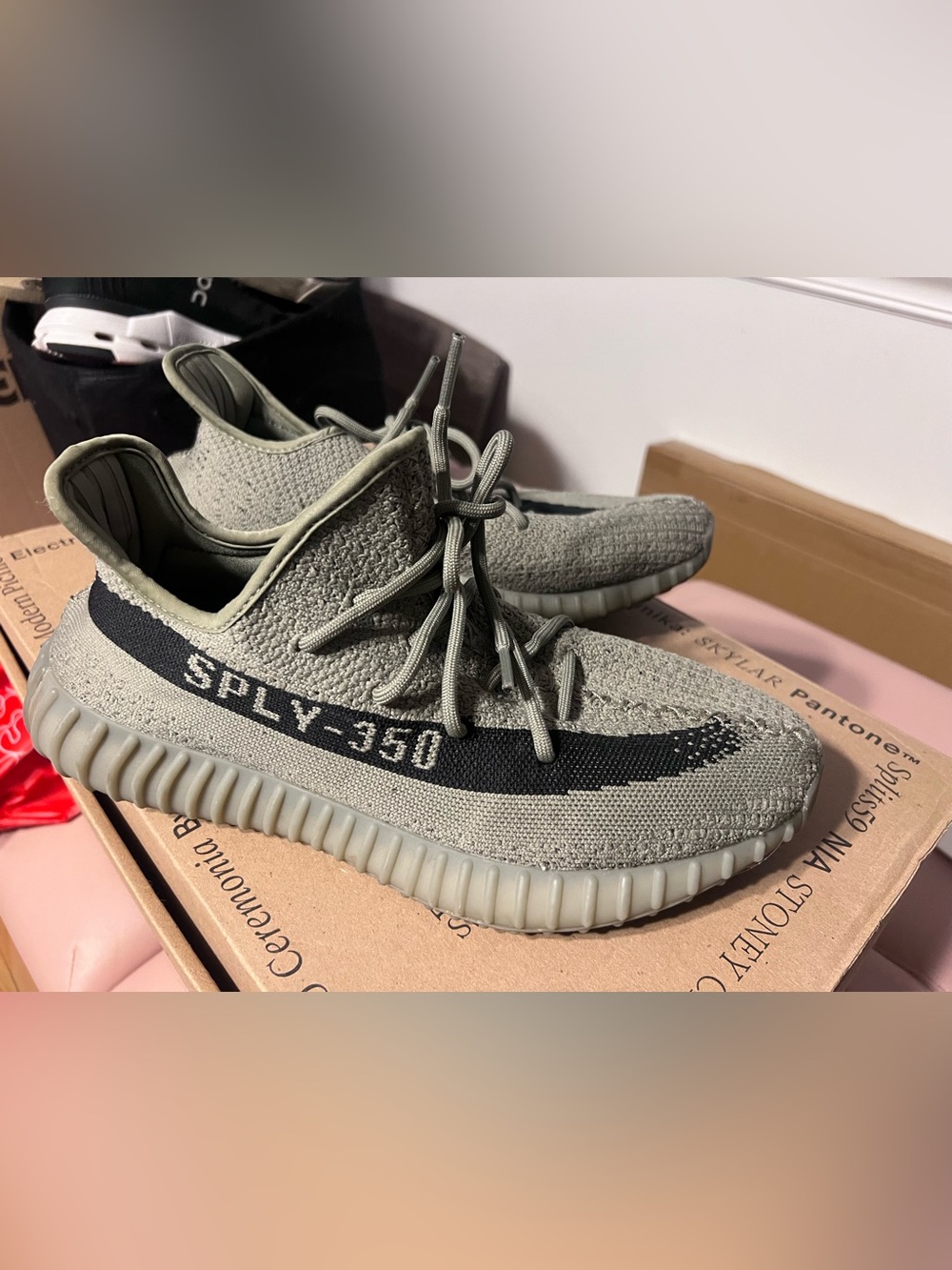 Men's Yeezys Olive Knit Sneakers with Black Side Stripe